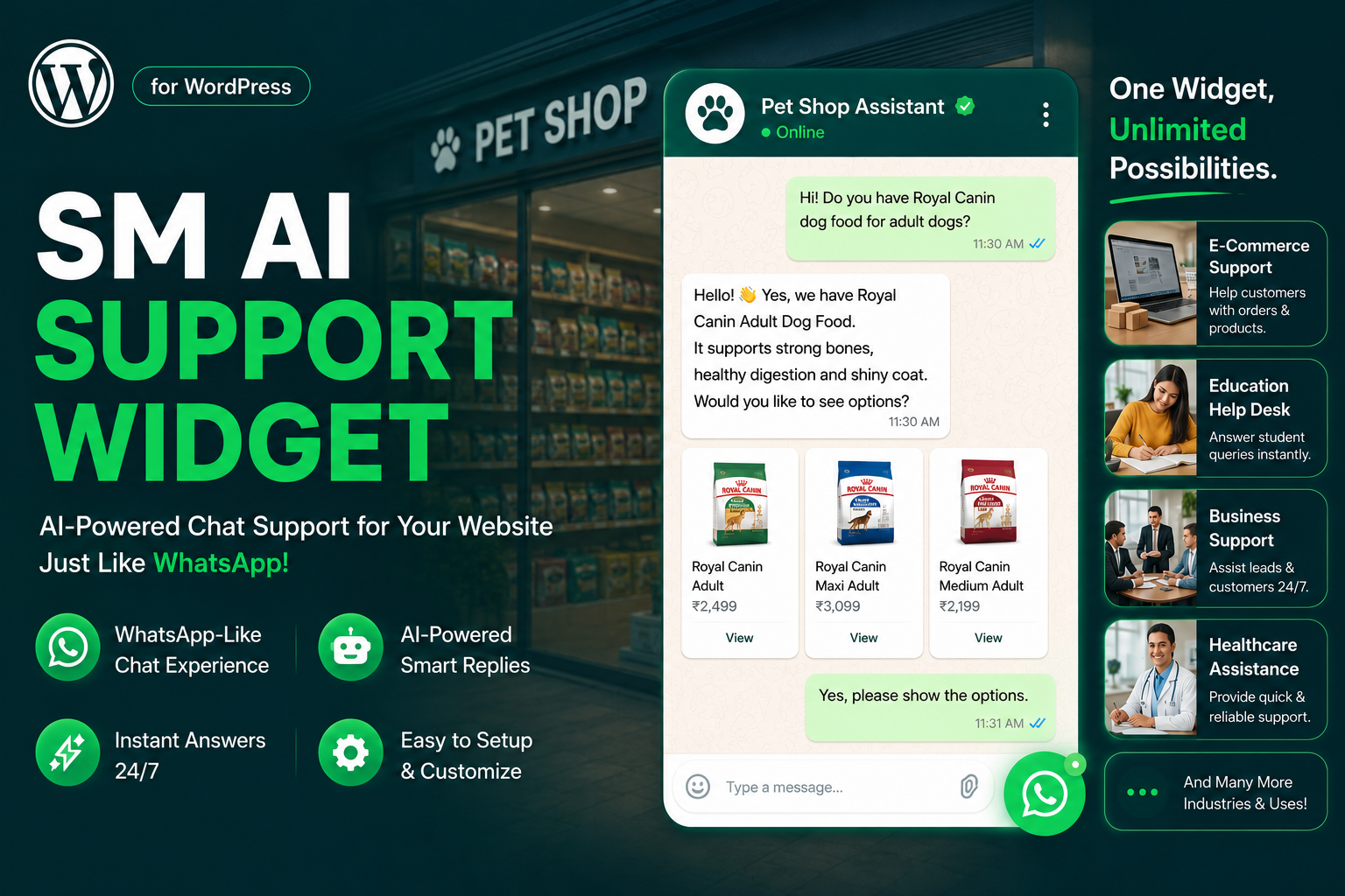 SM AI Support Widget chat bubble on a WooCommerce store